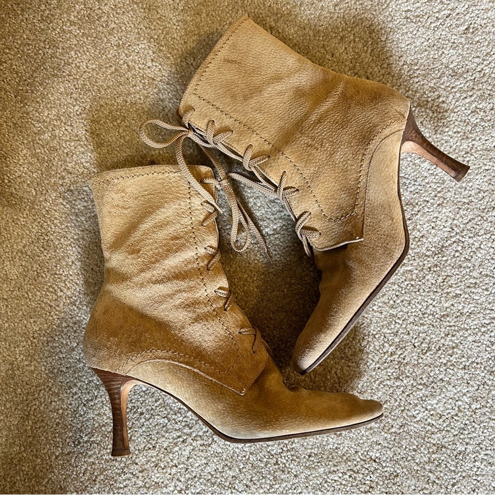 Isaac Mizrahi Designer Italian Suede Lace-Up Ankle Boots in Tan